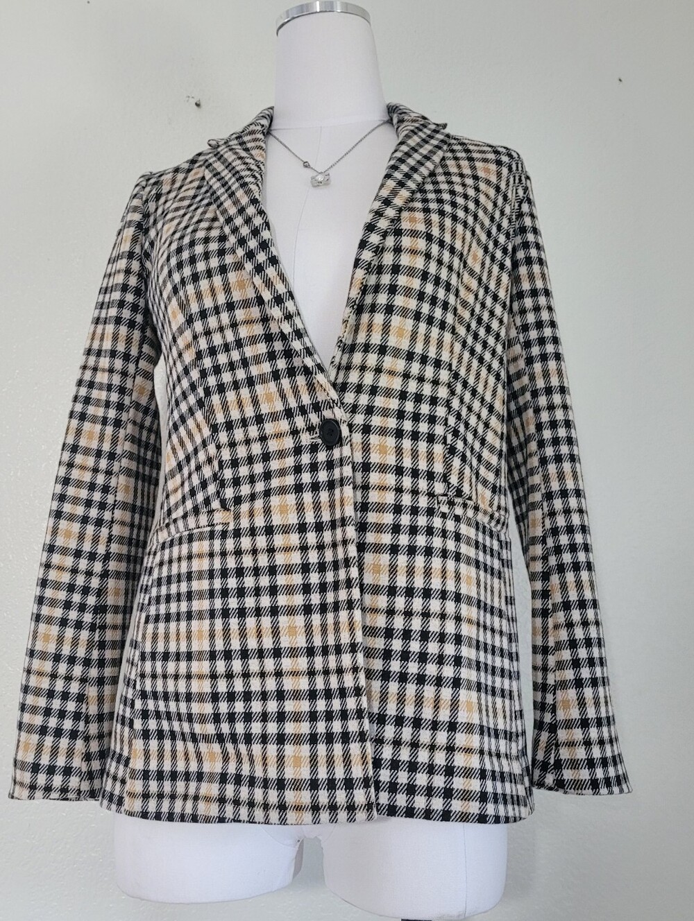LOFT Plaid Single-Button Blazer in Black and Cream with Tan Accents Petite Sz 00
